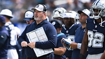 Aug 11, 2024; Inglewood, California, USA; Dallas Cowboys head coach Mike McCarthy on the sidelines against the Los Angeles Rams during the second quarter at SoFi Stadium. Mandatory Credit: Jonathan Hui-Imagn Images