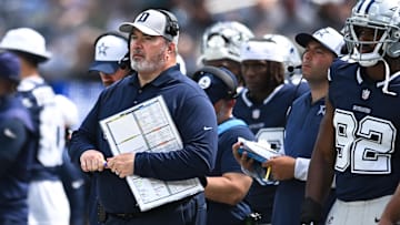 Aug 11, 2024; Inglewood, California, USA; Dallas Cowboys head coach Mike McCarthy on the sidelines against the Los Angeles Rams during the second quarter at SoFi Stadium. Mandatory Credit: Jonathan Hui-Imagn Images