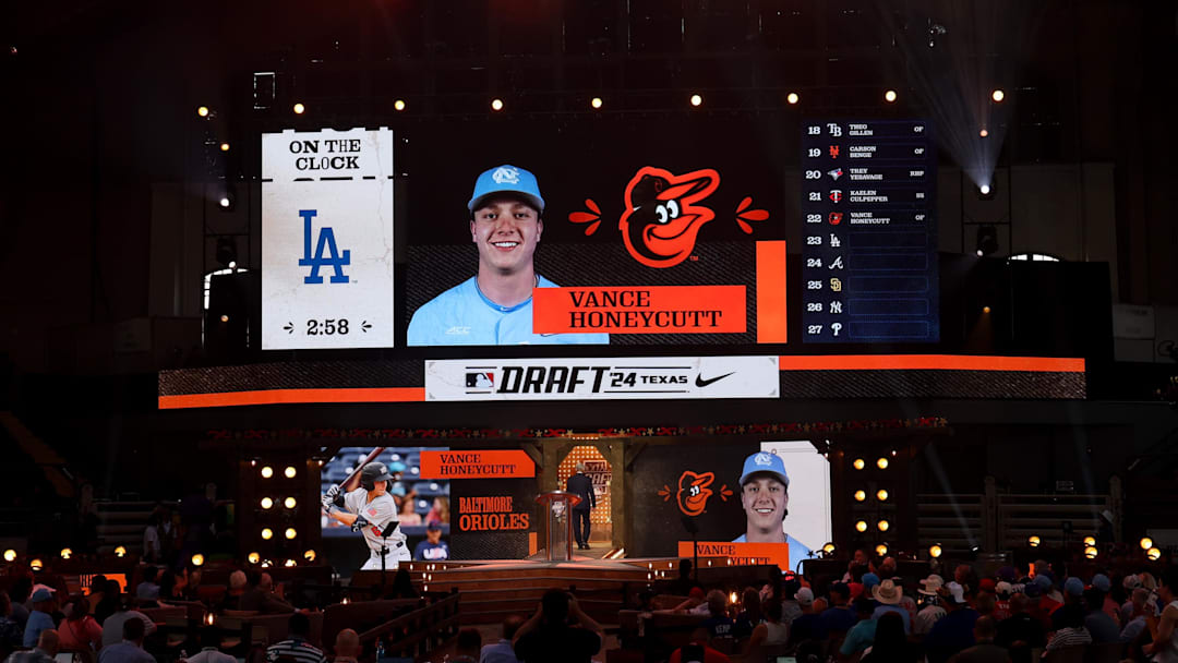 Jul 14, 2024; Ft. Worth, TX, USA; Vance Honeycutt is drafted by the Baltimore Orioles  with the 22nd pick during the first round of the MLB Draft at Cowtown Coliseum. Mandatory Credit: Kevin Jairaj-Imagn Images Jul 14, 2024; Ft. Worth, TX, USA; Vance Honeycutt is drafted by the Baltimore Orioles  with the 22nd pick during the first round of the MLB Draft at Cowtown Coliseum. Mandatory Credit: Kevin Jairaj-Imagn Images