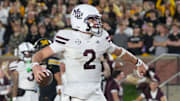 Mississippi State Bulldogs quarterback Blake Shapen (2) celebrates after scoring a touchdown against the Missouri Tigers during the second half of the game at Faurot Field at Memorial Stadium.