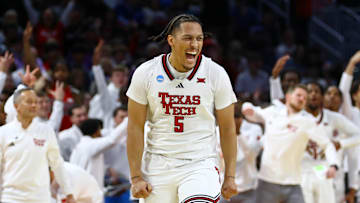 Mar 22, 2025; Wichita, KS, USA; Texas Tech Red Raiders forward Darrion Williams (5) reacts after a play against the Drake Bulldogs during the second half at Intrust Bank Arena. Mandatory Credit: Nick Tre. Smith-Imagn Images