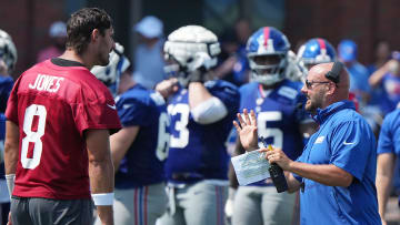 East Rutherford, NJ -- August 1, 2024 -- Head coach Brian Daboll and quarterback, Daniel Jones during practice today at training camp for the New York Giants.