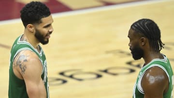 May 13, 2024; Cleveland, Ohio, USA; Boston Celtics forward Jayson Tatum (0) and guard Jaylen Brown celebrate after a play against the Cavaliers in Game 4. Boston won, 109-102, to take a 3-1 lead in the Eastern Conference Semifinals. 