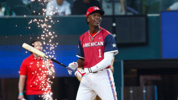 Jul 13, 2024; Arlington, TX, USA;  American League Future  infielder Sebastian Walcott (1) reacts during the Futures Skills Showcase at Globe Life Field.  