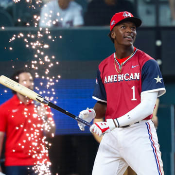 Jul 13, 2024; Arlington, TX, USA;  American League Future  infielder Sebastian Walcott (1) reacts during the Futures Skills Showcase at Globe Life Field.  