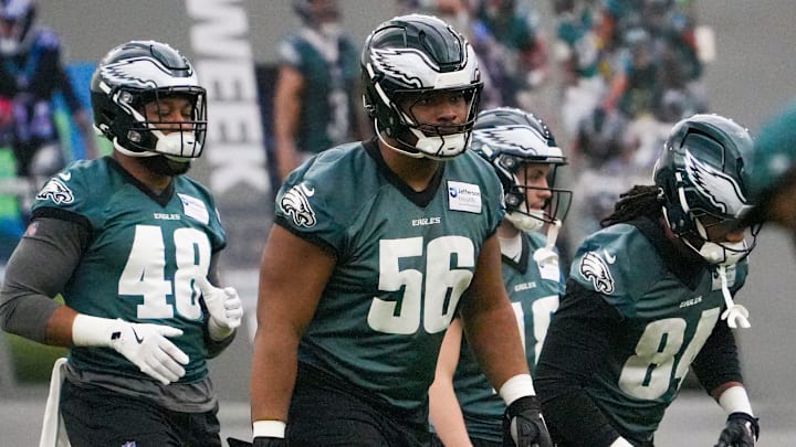 Eagles offensive lineman Tyler Steen (56) joins other members of the offense in warmups as the Philadelphia Eagles work out in preparation for the Super Bowl at the NovaCare Complex in Philadelphia, Pa. Friday, Jan. 31, 2025.