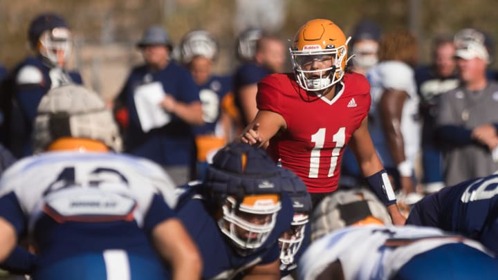 UTEP   s Cade McConnell (11) works on drills with his team at football practice at the Glory Field on Thursday, Aug. 17, 2023, before their season opener at Jacksonville State on Saturday, Aug. 26.