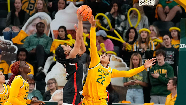 Baylor Lady Bears guard Bella Fontleroy (22) blocks the shot of Texas Tech Red Raiders guard Jasmine Shavers (3) during the second half at Paul and Alejandra Foster Pavilion. Fontleroy played high school basketball at Springfield Kickapoo. Mandatory Credit: Chris Jones-Imagn Images Baylor Lady Bears guard Bella Fontleroy (22) blocks the shot of Texas Tech Red Raiders guard Jasmine Shavers (3) during the second half at Paul and Alejandra Foster Pavilion. Fontleroy played high school basketball at Springfield Kickapoo. Mandatory Credit: Chris Jones-Imagn Images
