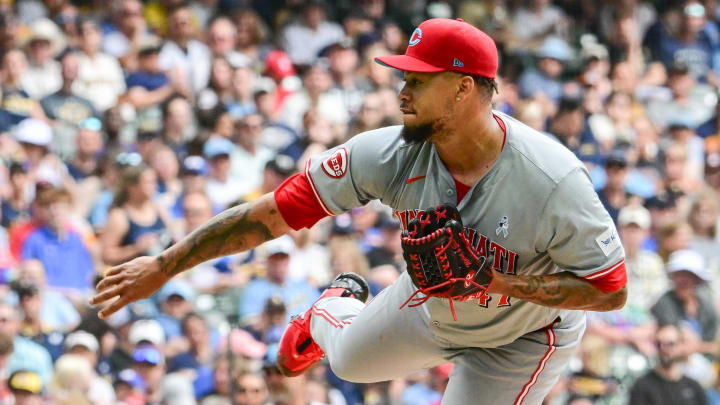 Jun 16, 2024; Milwaukee, Wisconsin, USA; Cincinnati Reds starting pitcher Frankie Montas (47) pitches against the Milwaukee Brewers in the first inning at American Family Field. Mandatory Credit: Benny Sieu-USA TODAY Sports