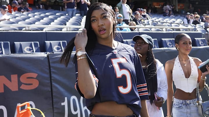 Oct 6, 2024; Chicago, Illinois, USA; WNBA Chicago Sky player Angel Reese on the sidelines before the game between the Chicago Bears and the Carolina Panthers at Soldier Field. 