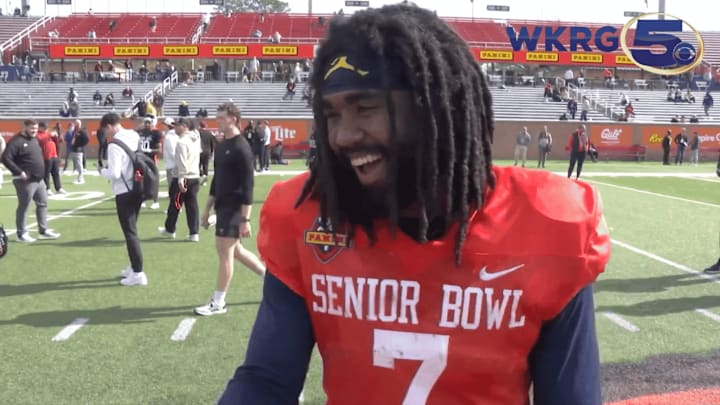 Michigan running back Donovan Edwards is interviewed at Senior Bowl practice Michigan running back Donovan Edwards is interviewed at Senior Bowl practice