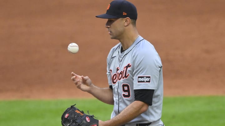 May 6, 2024; Cleveland, Ohio, USA; Detroit Tigers starting pitcher Jack Flaherty (9) reacts after giving up a home run in the sixth inning against the Cleveland Guardians at Progressive Field. Mandatory Credit: David Richard-USA TODAY Sports