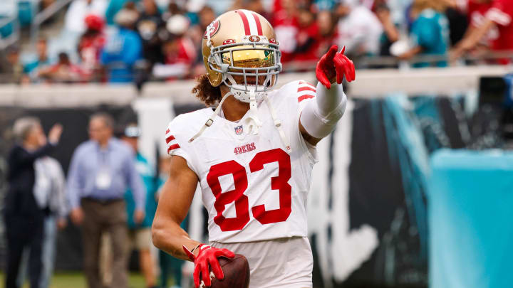 Nov 12, 2023; Jacksonville, Florida, USA; San Francisco 49ers wide receiver Willie Snead IV (83) plays catch with fans before the game against the Jacksonville Jaguars at EverBank Stadium.