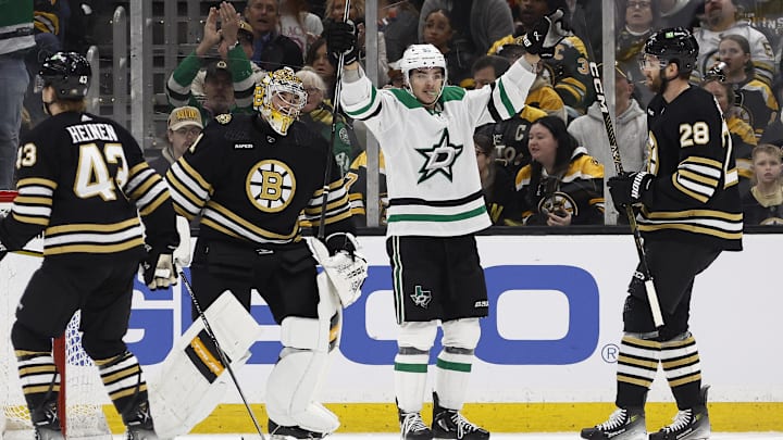 Feb 19, 2024; Boston, Massachusetts, USA; Dallas Stars center Wyatt Johnston (53) celebrates his goal on Boston Bruins goaltender Jeremy Swayman (1) during the first period at TD Garden. Mandatory Credit: Winslow Townson-Imagn Images