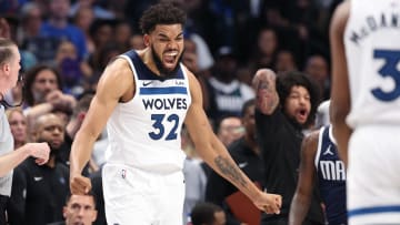 May 28, 2024; Dallas, Texas, USA; Minnesota Timberwolves center Karl-Anthony Towns (32) reacts during the fourth quarter against the Dallas Mavericks in game four of the western conference finals for the 2024 NBA playoffs at American Airlines Center