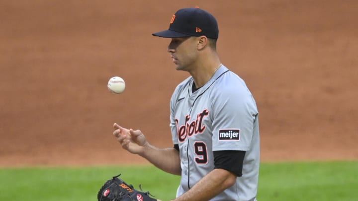 May 6, 2024; Cleveland, Ohio, USA; Detroit Tigers starting pitcher Jack Flaherty (9) reacts after giving up a home run in the sixth inning against the Cleveland Guardians at Progressive Field.