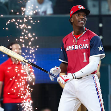 Jul 13, 2024; Arlington, TX, USA;  American League Future  infielder Sebastian Walcott (1) reacts during the Futures Skills Showcase at Globe Life Field.  