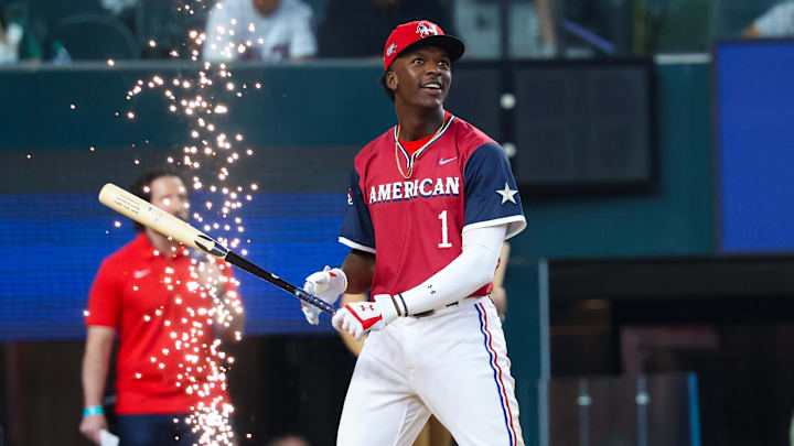 Jul 13, 2024; Arlington, TX, USA;  American League Future  infielder Sebastian Walcott (1) reacts during the Futures Skills Showcase at Globe Life Field.  