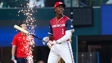 American League Future  infielder Sabastian Walcott (1) reacts during the Futures Skills Showcase at Globe Life Field. 