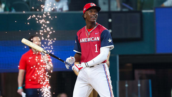American League Future infielder Sabastian Walcott (1) reacts during the Futures Skills Showcase at Globe Life Field. American League Future infielder Sabastian Walcott (1) reacts during the Futures Skills Showcase at Globe Life Field.