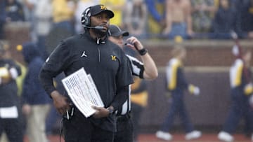 Sep 28, 2024; Ann Arbor, Michigan, USA;  Michigan Wolverines head coach Sherrone Moore on the sideline in the first half against the Minnesota Golden Gophers at Michigan Stadium. Mandatory Credit: Rick Osentoski-Imagn Images