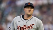 Aug 14, 2025; Minneapolis, Minnesota, USA; Detroit Tigers starting pitcher Tarik Skubal (29) reacts after giving up a hit against the Minnesota Twins in the fourth inning at Target Field. Mandatory Credit: Jesse Johnson-Imagn Images
