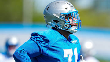 Detroit Lions offensive lineman Miles Frazier (71) practices during rookie mini camp at Meijer Performance Center in Allen Park on Friday, May 9, 2025.