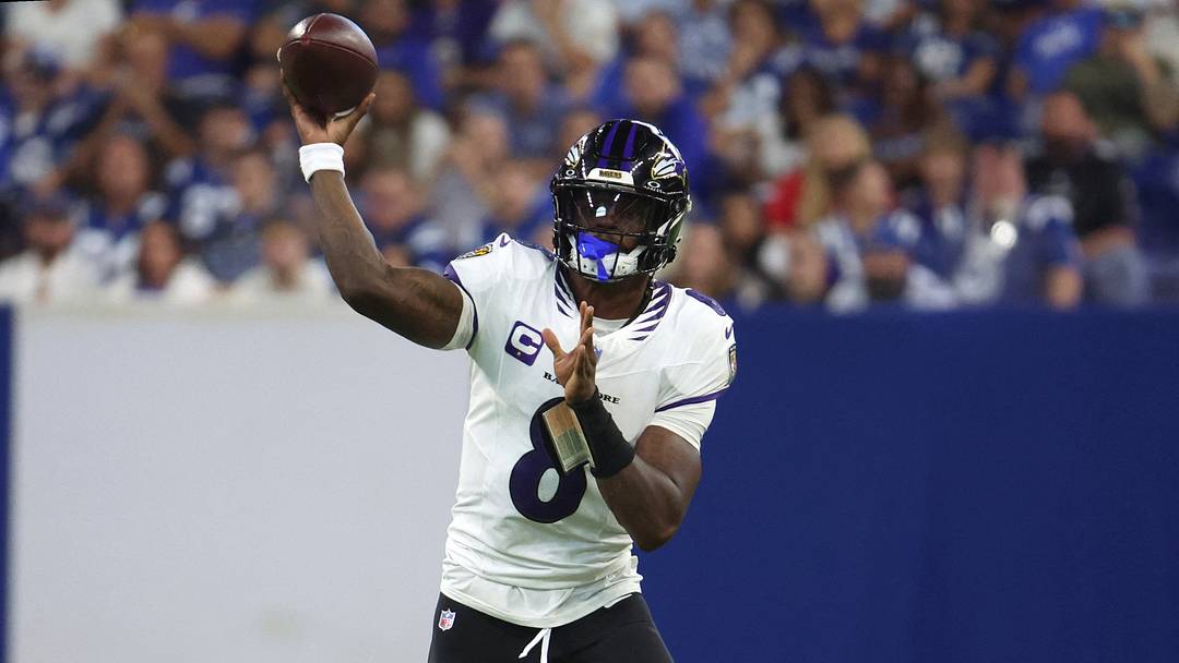 Sep 13, 2026; Indianapolis, Indiana, USA;  Baltimore Ravens quarterback Lamar Jackson (8) throws the ball against the Indianapolis Colts at Lucas Oil Stadium.  Mandatory Credit: Trevor Ruszkowski-Imagn Images