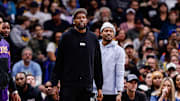 Oct 13, 2024; Denver, Colorado, USA; Phoenix Suns forward Kevin Durant (35) and guard Bradley Beal (3) look on in the third quarter against the Denver Nuggets at Ball Arena. Mandatory Credit: Isaiah J. Downing-Imagn Images