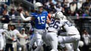 Penn State quarterback Drew Allar drops back to pass in the 2024 Blue-White Game at Beaver Stadium.