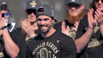 Nov 3, 2025; Los Angeles, CA, USA; Los Angeles Dodgers Executive Vice President and General Manager Brandon Gomes speaks during the World Series celebration at Dodger Stadium. Mandatory Credit: Jayne Kamin-Oncea-Imagn Images