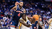 Jan 29, 2025; Baton Rouge, Louisiana, USA;  LSU Tigers forward Corey Chest (11) dribbles against Auburn Tigers forward Johni Broome (4) during the first half at Pete Maravich Assembly Center. Mandatory Credit: Stephen Lew-Imagn Images