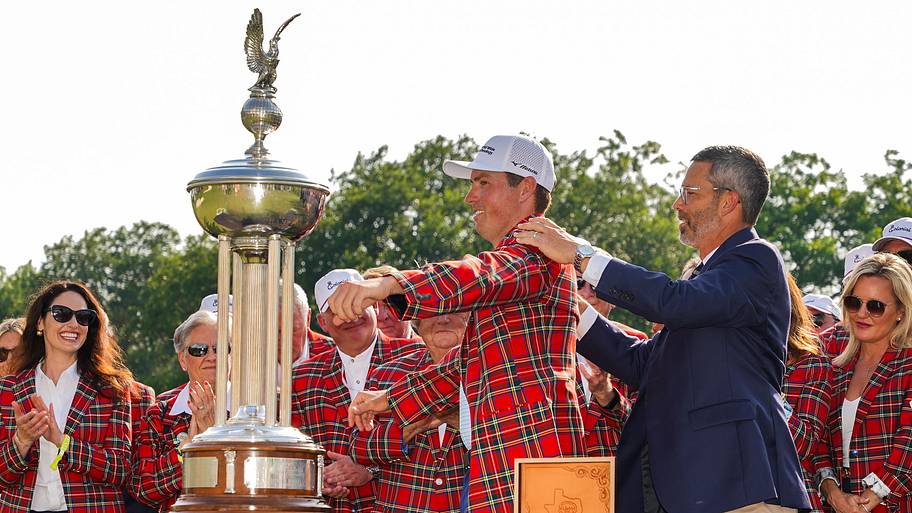 Ben Griffin is awarded the Colonial Country Club Tartan Jacket after winning the 2025 Charles Schwab Challenge. 