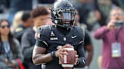 Nov 2, 2024; West Point, New York, USA; Army Black Knights quarterback Dewayne Coleman (10) arms up before the first half against the Air Force Falcons at Michie Stadium. Mandatory Credit: Danny Wild-Imagn Images