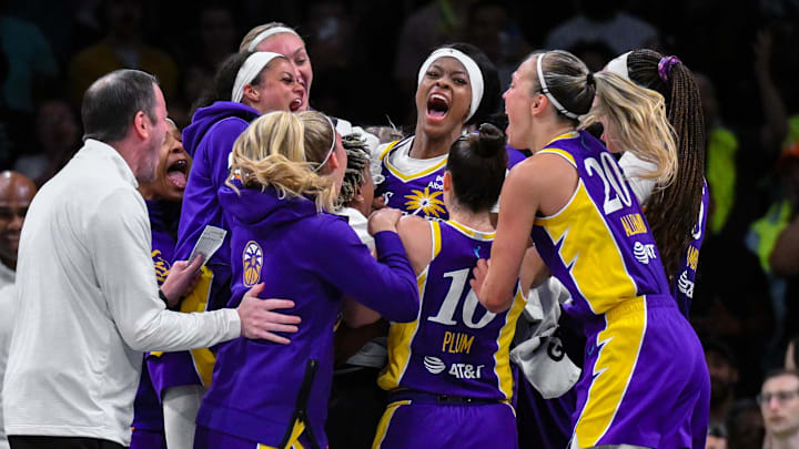 Jul 26, 2025; Brooklyn, New York, USA; Los Angeles Sparks forward Rickea Jackson (2) celebrates with teammates after scoring the game winning basket at the buzzer during the second half against the New York Liberty at Barclays Center. Mandatory Credit: John Jones-Imagn Images
