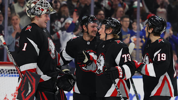 Mar 8, 2026; Buffalo, New York, USA;  The Buffalo Sabres celebrate a win over the Tampa Bay Lightning at KeyBank Center. Mandatory Credit: Timothy T. Ludwig-Imagn Images