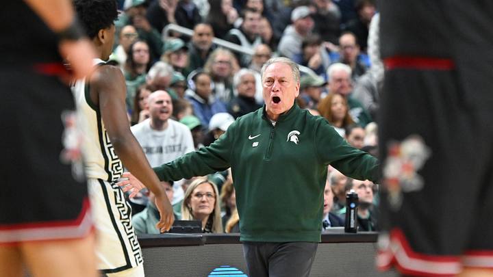 Mar 21, 2026; Buffalo, NY, USA; Michigan State Spartans head coach Tom Izzo reacts in the first half against the Louisville Cardinalsduring a second round game of the men's 2026 NCAA Tournament at Keybank Center. Mandatory Credit: Mark Konezny-Imagn Images