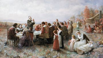 The Pilgrims give thanks with no turkey or mashed potatoes in sight.