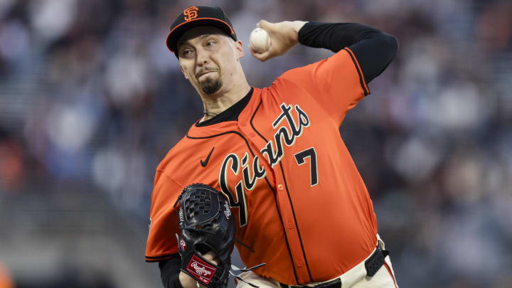 Apr 19, 2024; San Francisco, California, USA;  San Francisco Giants pitcher Blake Snell (7) throws against the Arizona Diamondbacks during the first inning at Oracle Park.