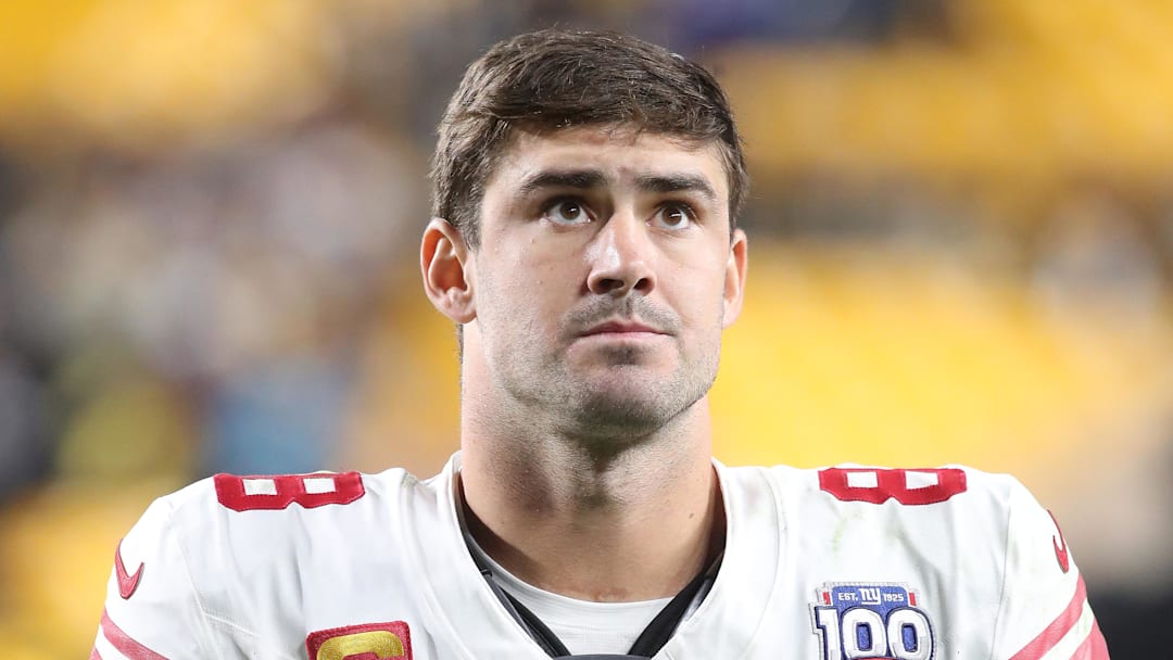 Oct 28, 2024; Pittsburgh, Pennsylvania, USA;  New York Giants quarterback Daniel Jones (8) reacts as he leaves the field after the game against the Pittsburgh Steelers at Acrisure Stadium.  