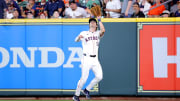 Jun 26, 2024; Houston, Texas, USA; Houston Astros right fielder Joey Loperfido (10) catches a fly ball for an out against the Colorado Rockies during the third inning at Minute Maid Park.