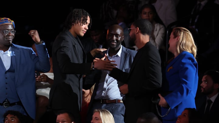 Jun 26, 2024; Brooklyn, NY, USA; Pacome Dadiet reacts after being selected in the first round by the New York Knicks in the 2024 NBA Draft at Barclays Center. Mandatory Credit: Brad Penner-USA TODAY Sports