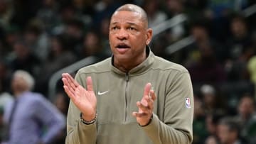 Apr 10, 2024; Milwaukee, Wisconsin, USA; Milwaukee Bucks head coach Doc Rivers reacts in the fourth quarter against the Orlando Magic at Fiserv Forum.