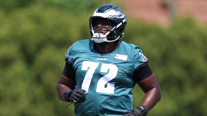 May 1, 2026; Philadelphia, PA, USA; Philadelphia Eagles linemen Markel Bell (72) runs drills during rookie minicamp at NovaCare Complex. Mandatory Credit: Bill Streicher-Imagn Images