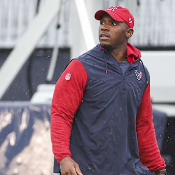 Jul 27, 2024; Houston, TX, USA; Houston Texans head coach DeMeco Ryans walks on the field before training camp at Houston Methodist Training Center. Mandatory Credit: Troy Taormina-Imagn Images