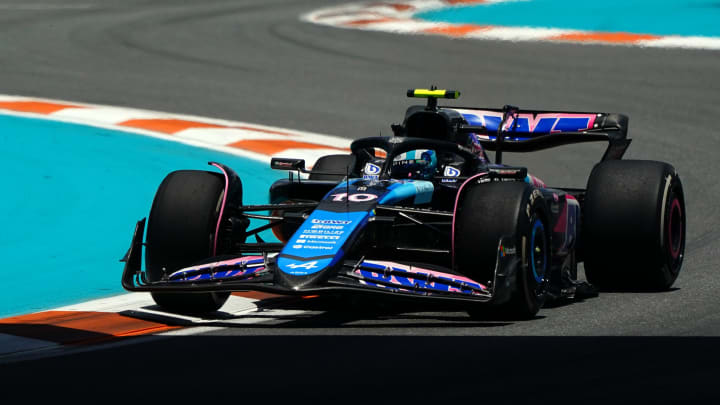 May 3, 2024; Miami Gardens, Florida, USA; Alpine driver Pierre Gasley (10) races into turn three during F1 practice at Miami International Autodrome. Mandatory Credit: John David Mercer-USA TODAY Sports