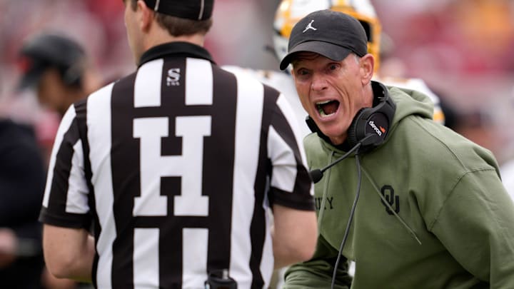 Oklahoma coach Brent Venables shouts at an official during a college football game between the University of Oklahoma Sooners (OU) and the Missouri Tigers at Gaylord Family Ð Oklahoma Memorial Stadium in Norman, Okla., on Saturday, Nov. 22, 2025. Oklahoma won 17-6.