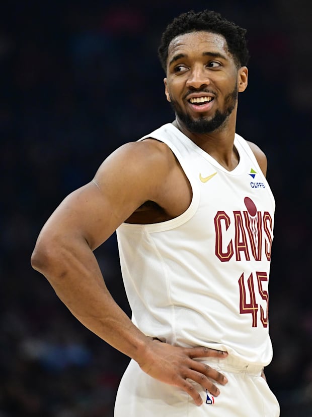 Cleveland Cavaliers guard Donovan Mitchell reacts during the first half against the Dallas Mavericks