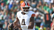 Oct 13, 2024; Philadelphia, Pennsylvania, USA; Cleveland Browns quarterback Deshaun Watson (4) against the Philadelphia Eagles  at Lincoln Financial Field. Mandatory Credit: Eric Hartline-Imagn Images