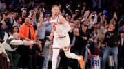 May 6, 2024; New York, New York, USA; New York Knicks guard Donte DiVincenzo (0) celebrates his